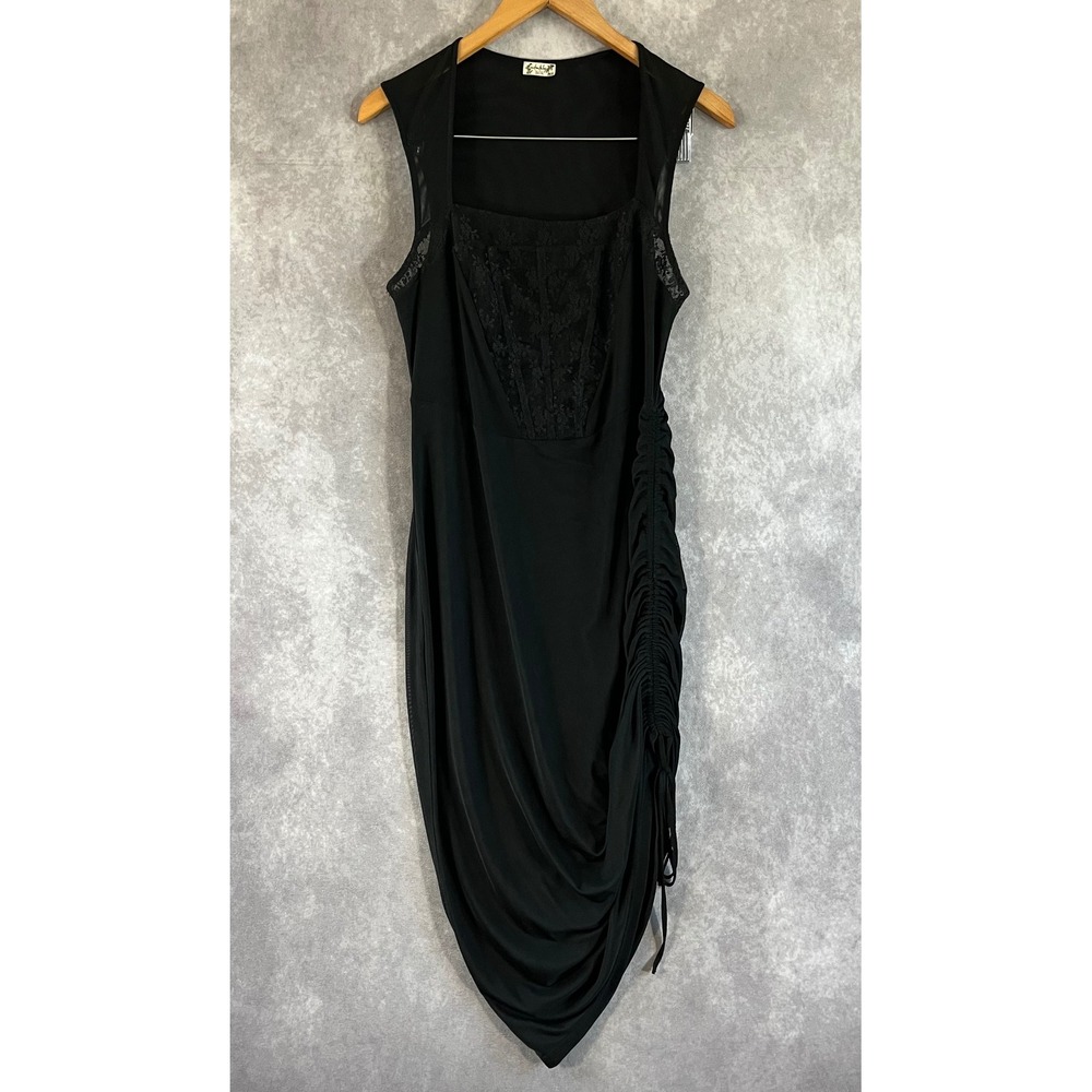 Free People Intimately Dress Womens Medium Black Lace Ruched Asymmetrical Midi